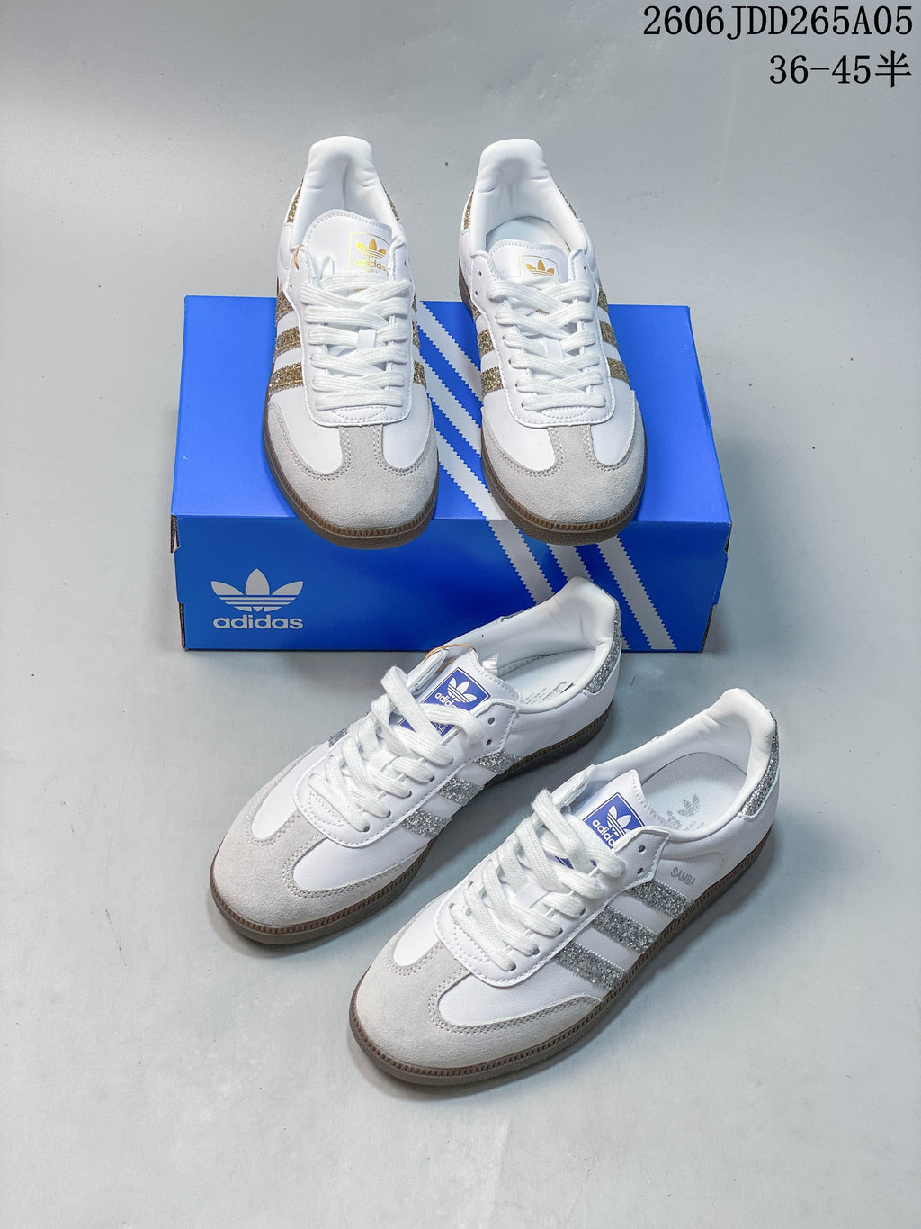 White adidas Samba OG sneakers shown in gold- and silver-accented versions with gum-colored soles.