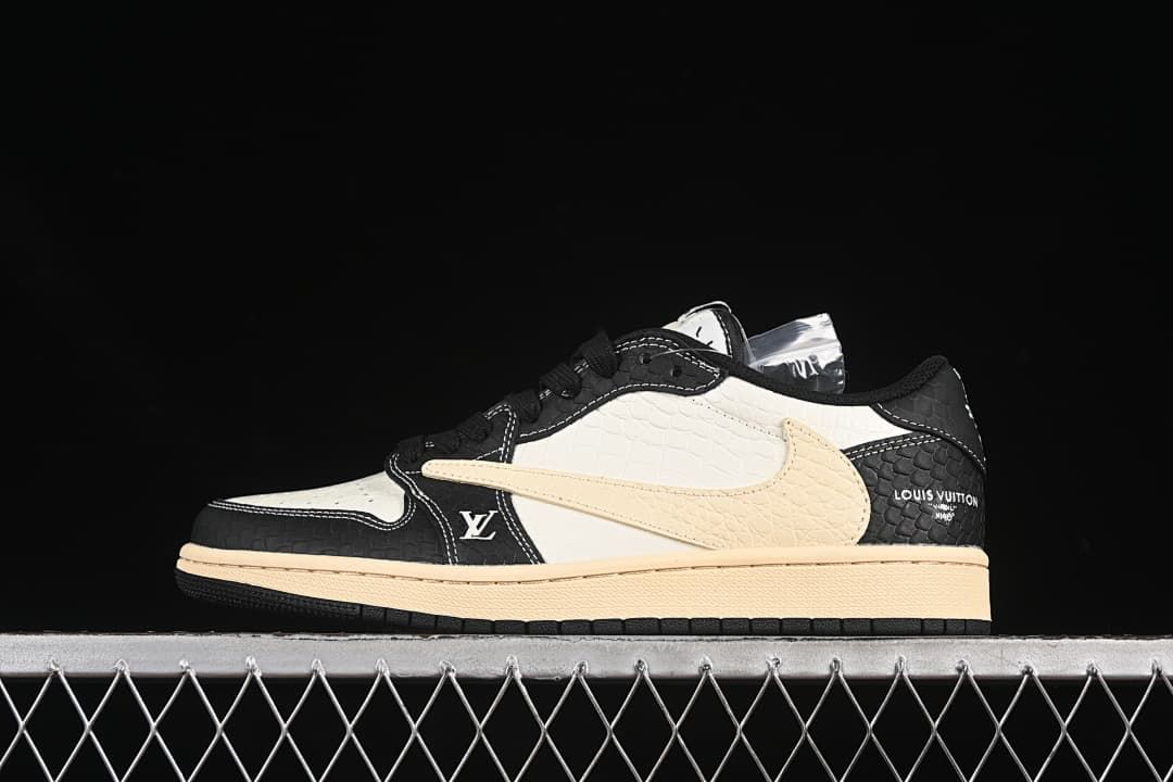 Side view of a black and cream low-top sneaker with textured panels, a light-colored Swoosh, and visible LV-style branding.