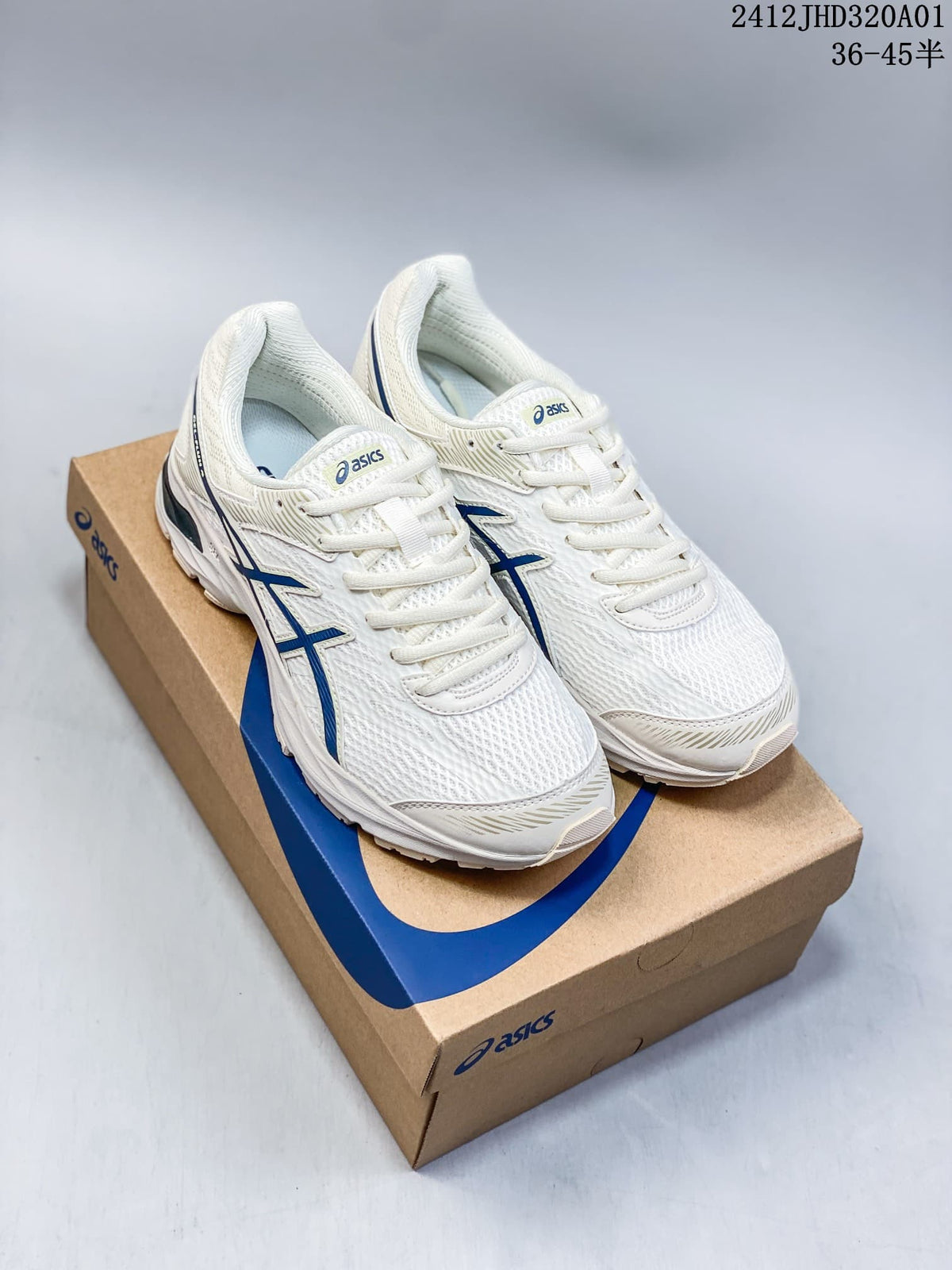 Pair of white and blue ASICS GEL-KAHANA 8 shoes displayed on a shoebox.