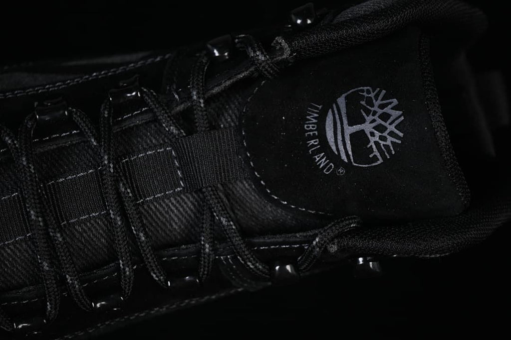 Close-up of the tongue logo, laces, and metal lace hardware.