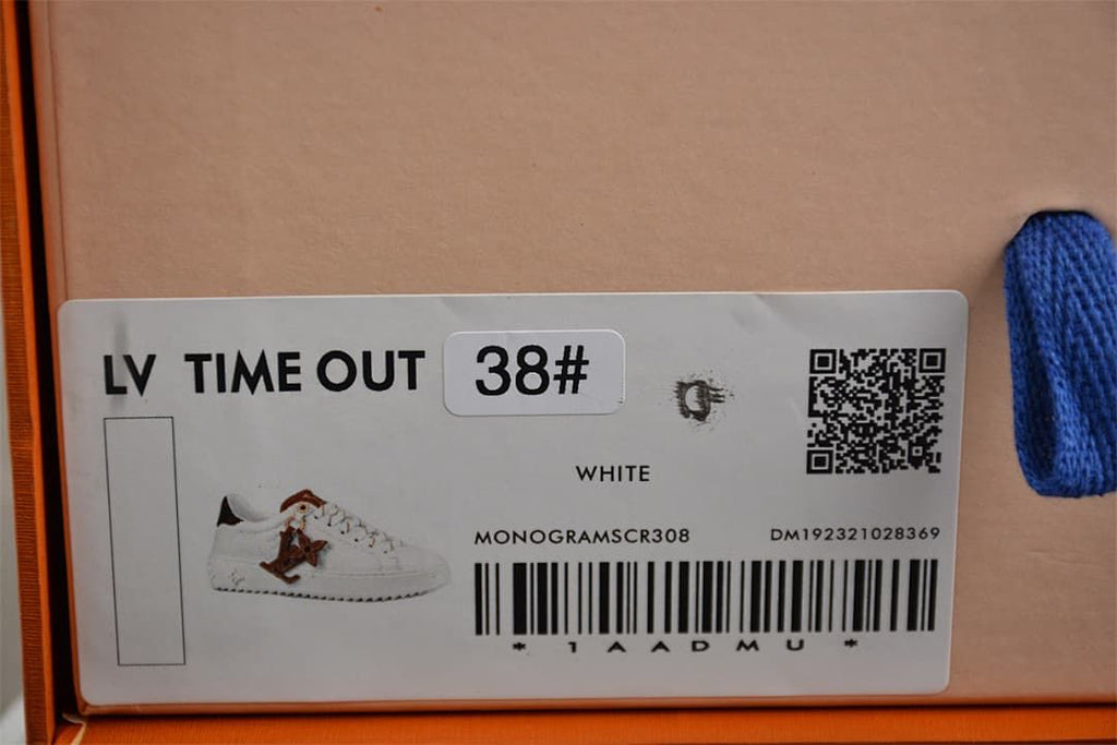 Shoebox label showing LV Time Out, size 38, and white color