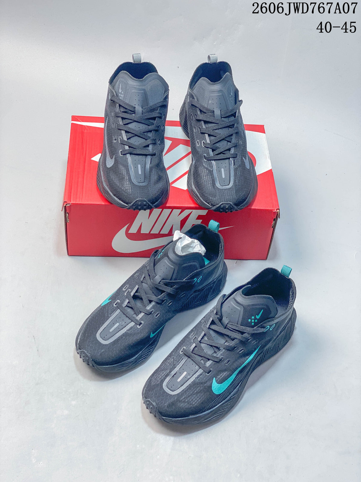 Several views of charcoal Nike Ava Rover shoes with gray and teal accents.