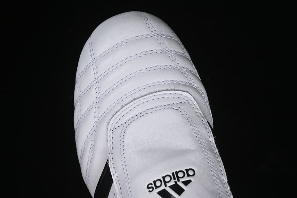 Close-up of the stitched toe panels and tongue logo.