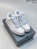 White and grey Air Jordan 3 sneakers displayed on a shoebox