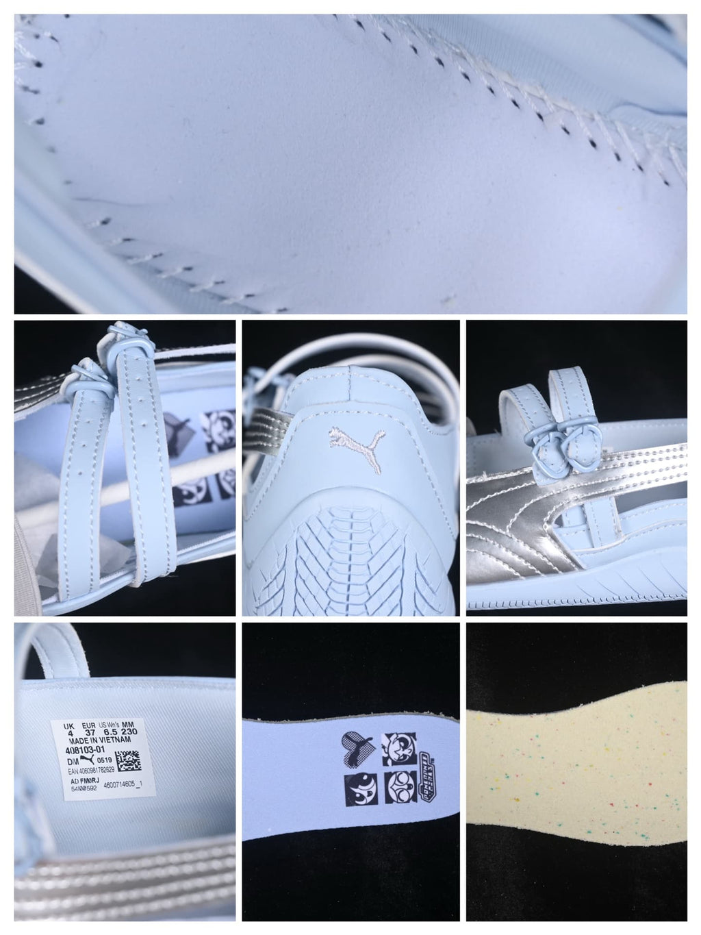 Close-up collage showing stitching, straps, heel branding, product label and outsole texture.