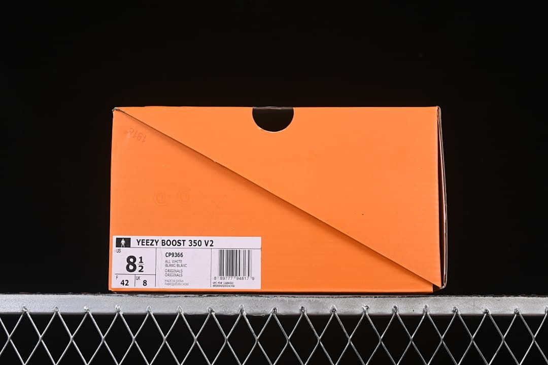 Orange shoe box label for Yeezy Boost 350 V2, style CP9366, showing sample size US 8.5 and EU 42.