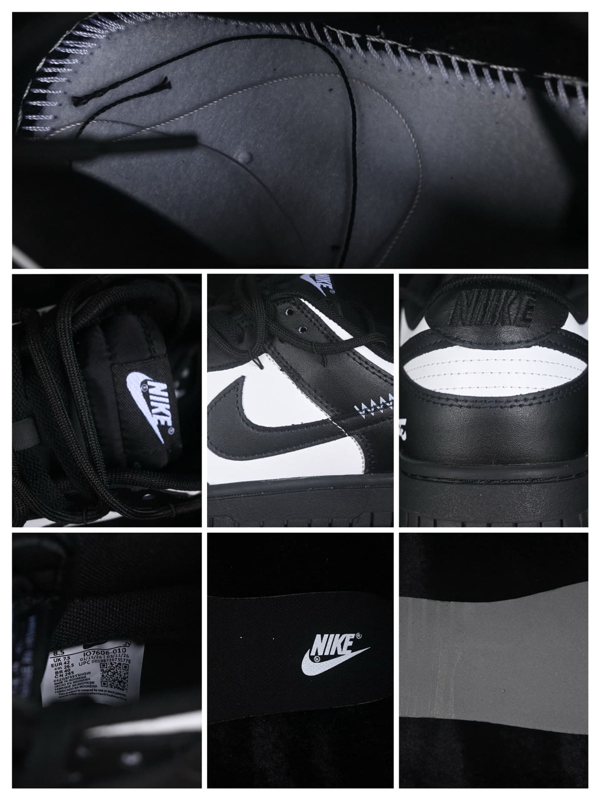 Detail collage showing the sneaker tongue, stitching, side branding, outsole, insole, and a size label with Nike and style-code markings.