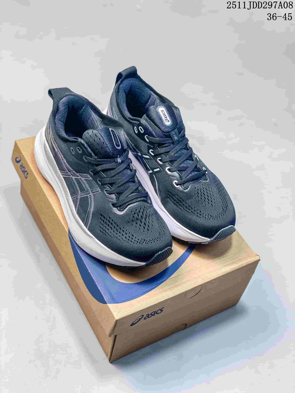 Pair of dark gray ASICS running shoes with white midsoles on a shoe box; image overlay reads “36–45” and “2511JDD297A08”.