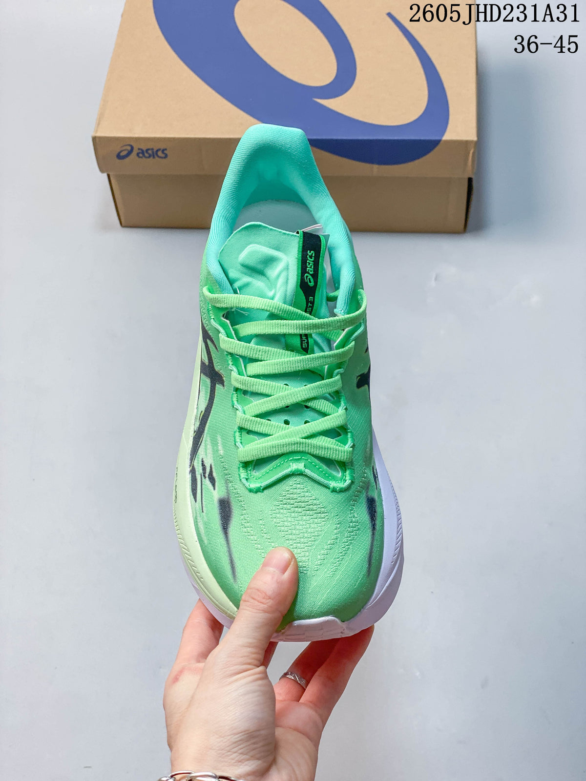 Front view of the green lace-up running shoe