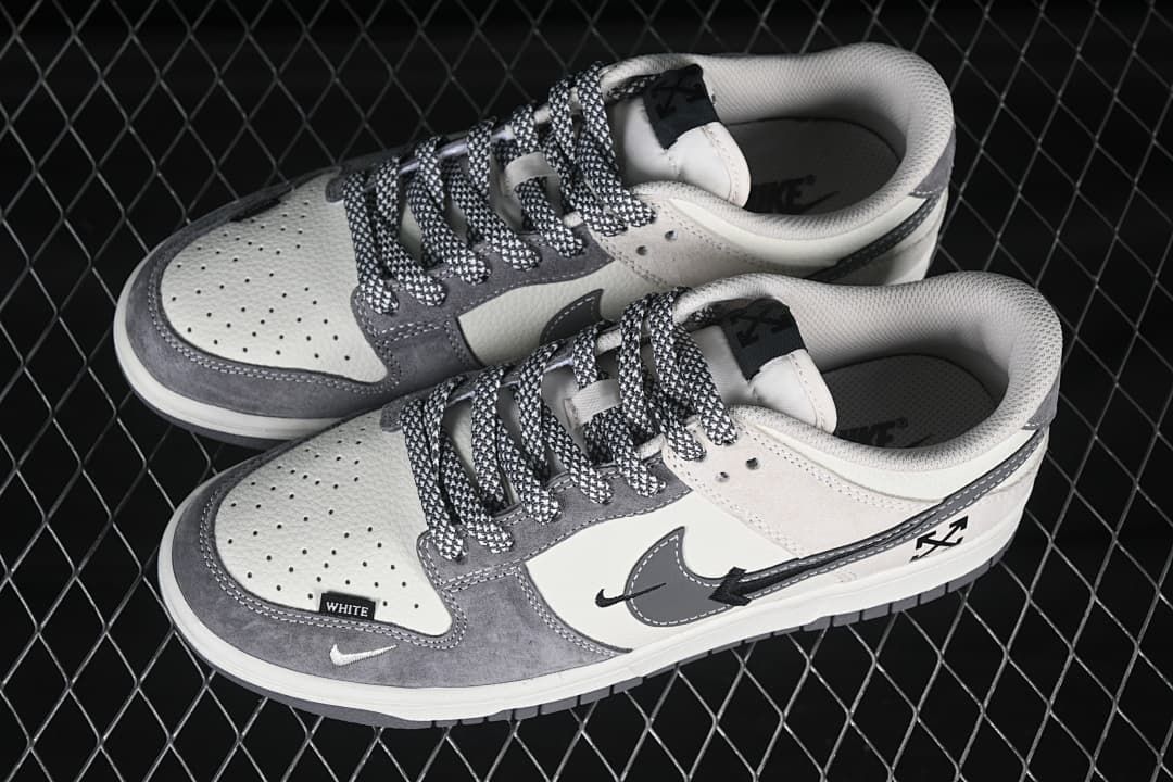 Top and side views of gray and white low-top sneakers showing perforated toe panels and patterned laces