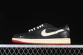 Side profile of a black Air Jordan 1 low-top with sail accents and a red outsole