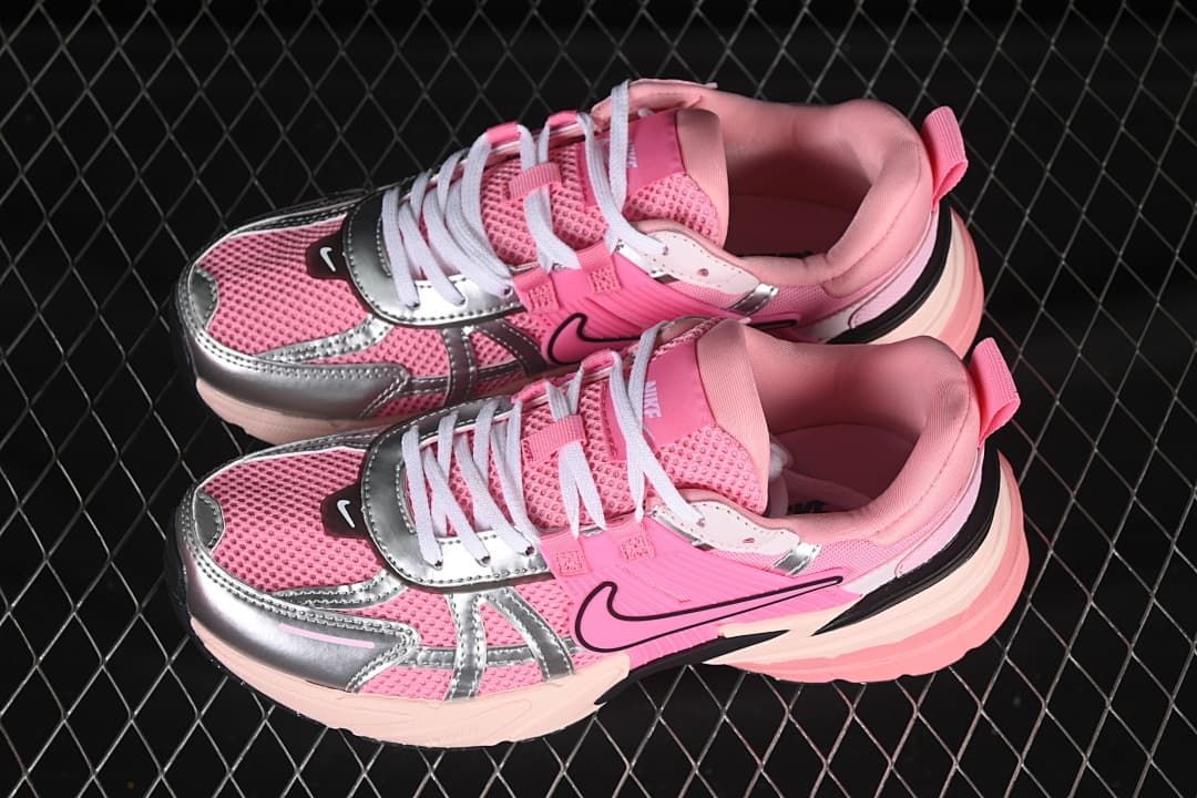 Pair of pink and silver-look Nike V2K Run sneakers viewed from above