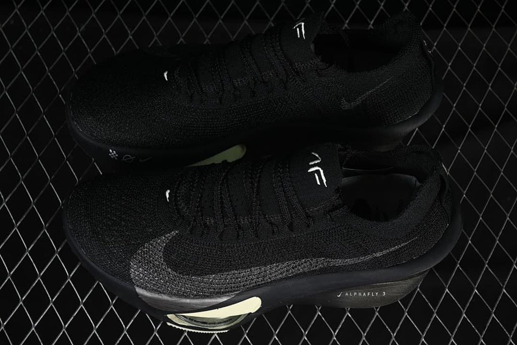 Pair of black Nike Alphafly 3 shoes shown from above