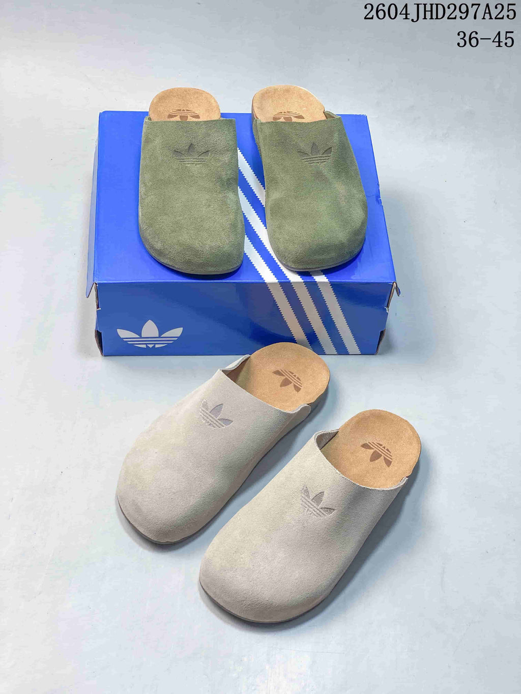 Olive green and light neutral Adimule mule slippers shown together