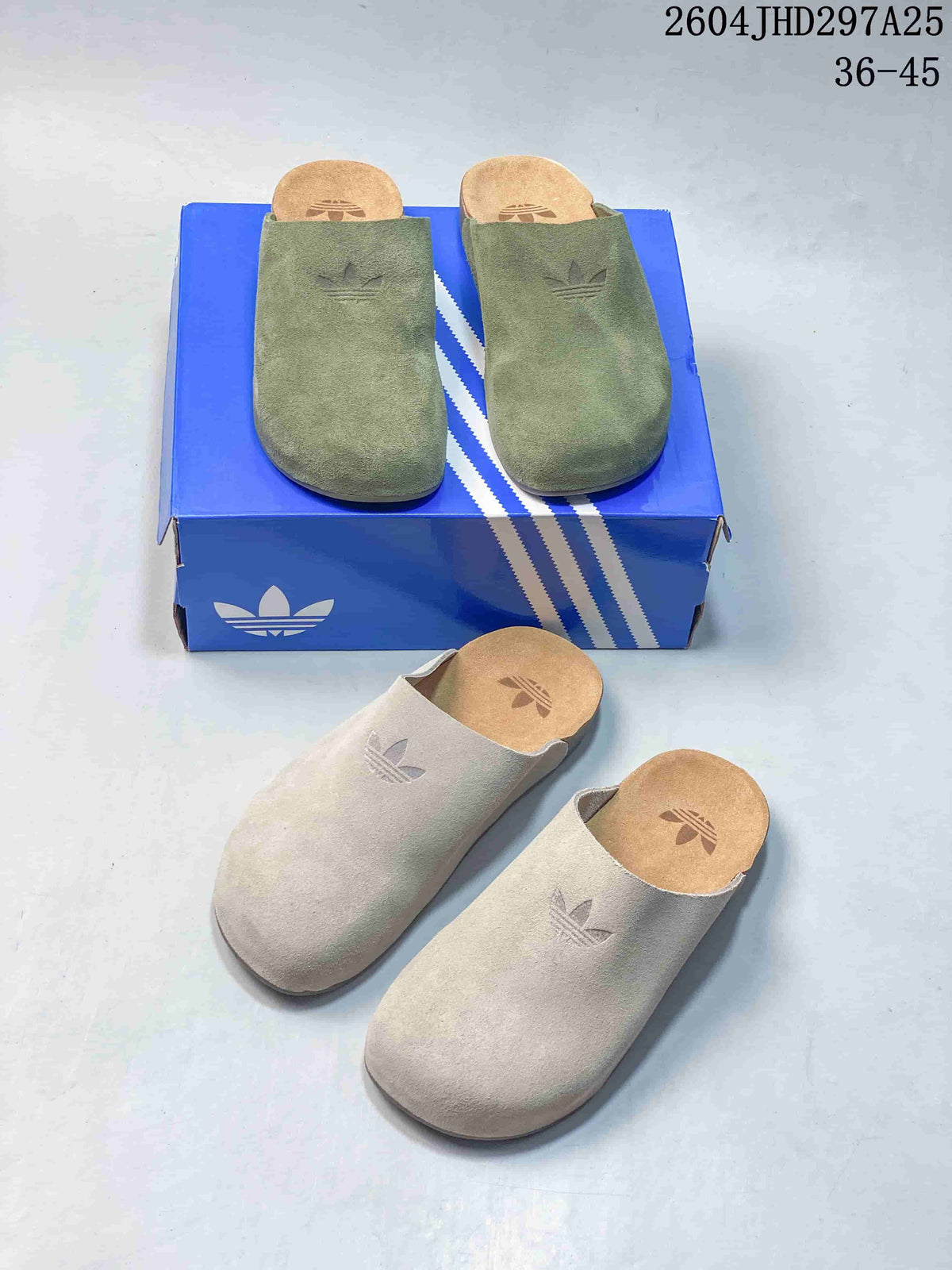 Olive green and light neutral Adimule mule slippers shown together
