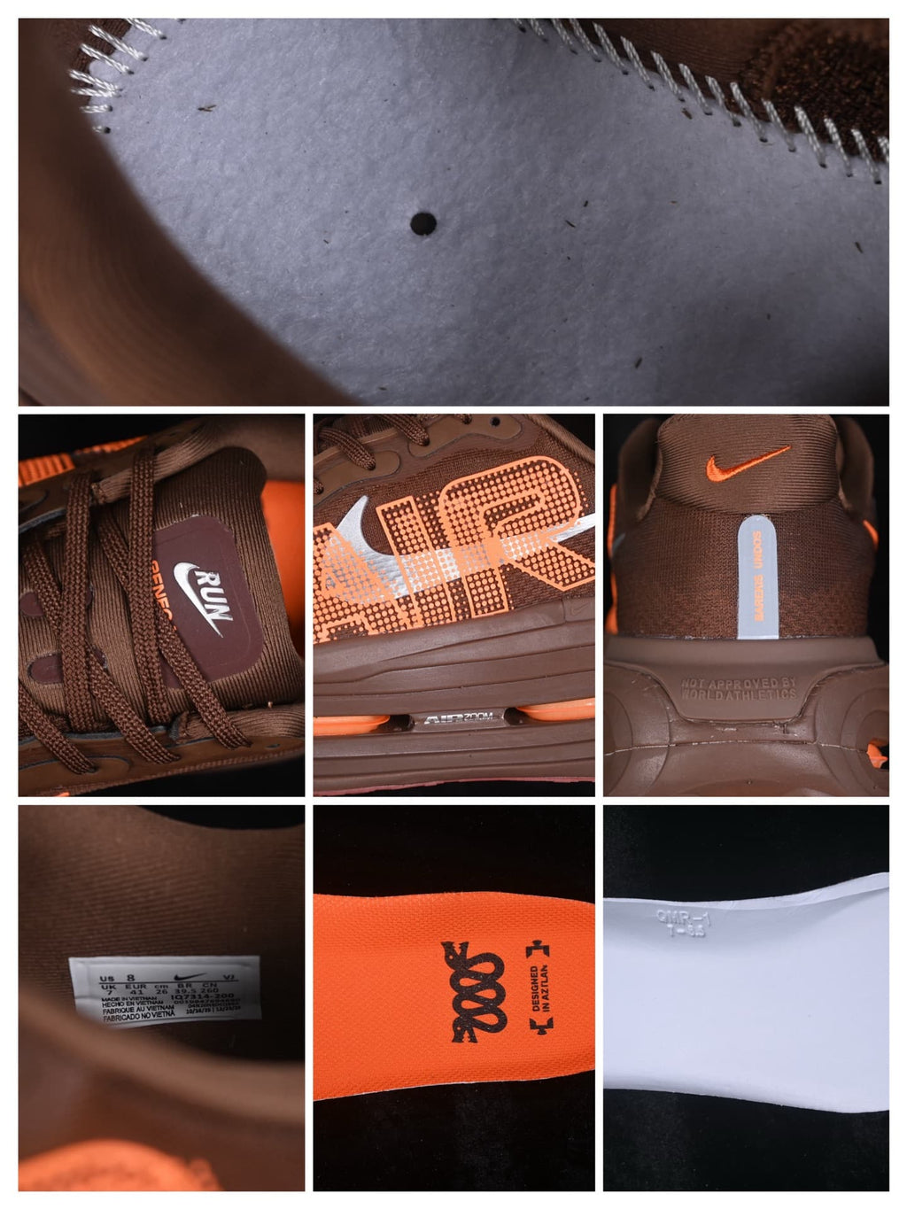 Close-up collage showing the sneaker's textile upper, side graphic, tongue branding, outsole detail, and interior labels.