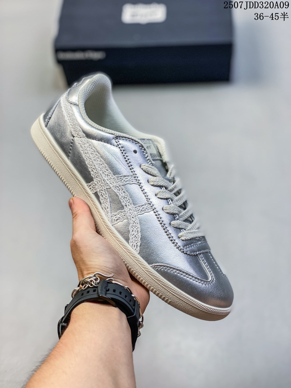 Silver Tokuten sneaker with pale stripes, gray laces and an off-white outsole; image text shows sizes 36–45.5.