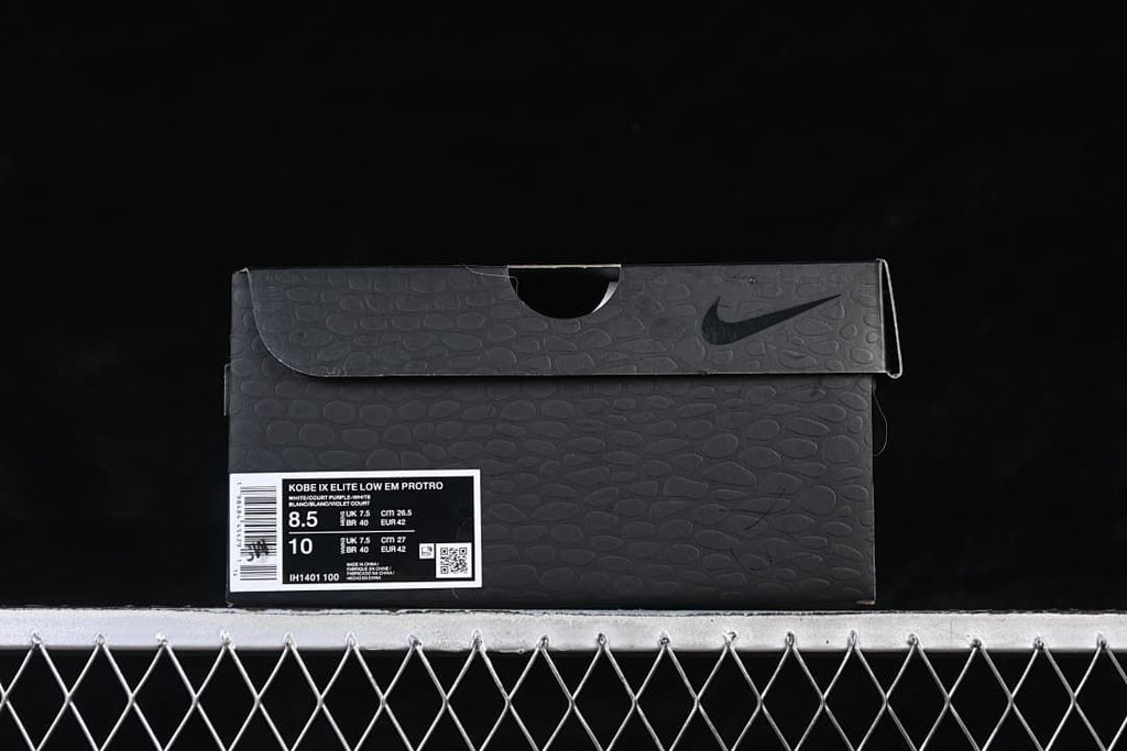 Shoebox label showing Kobe IX Elite Low EM Protro, EU 42 and style code IH1401 100