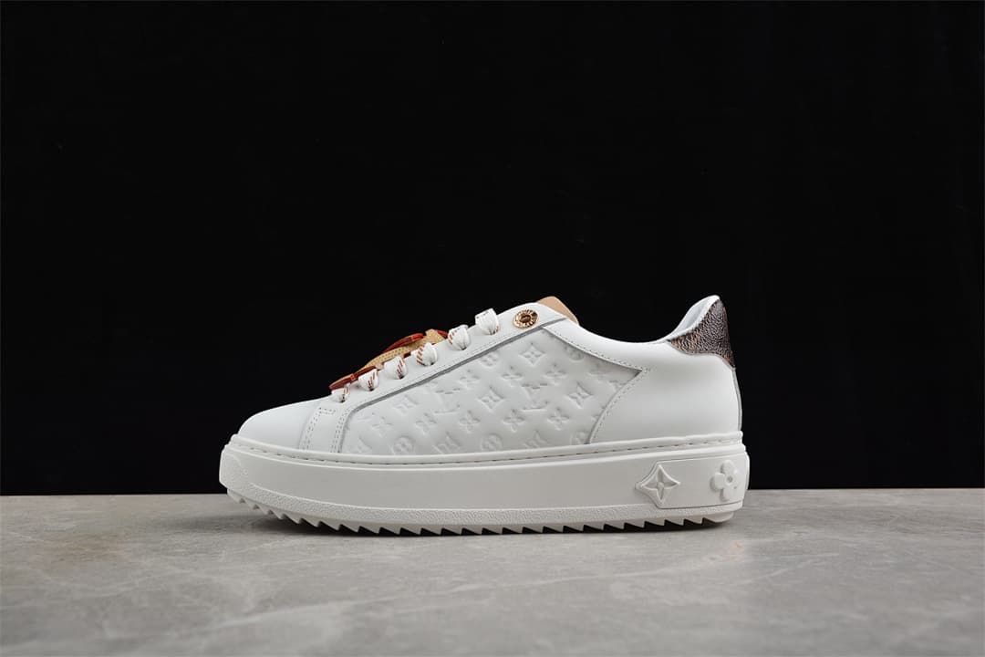 Side view of a white platform sneaker against a dark background
