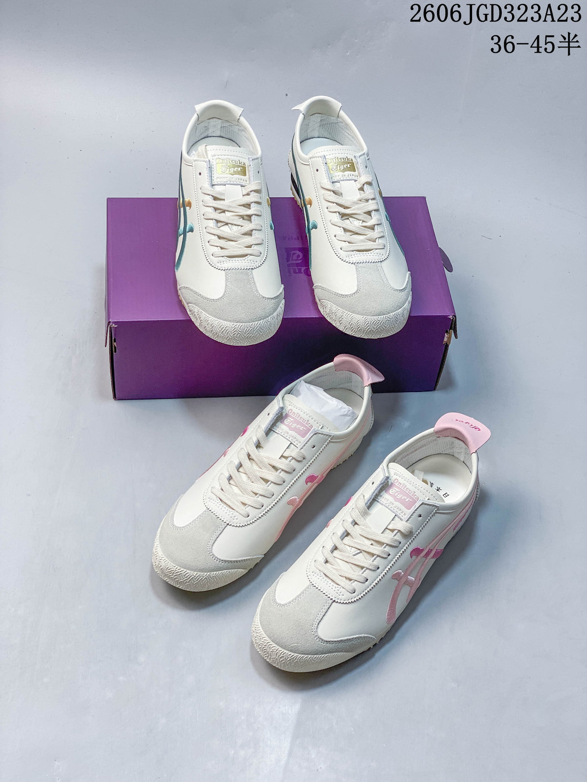Teal-and-gold and pink-accent ivory sneakers shown together from multiple angles.