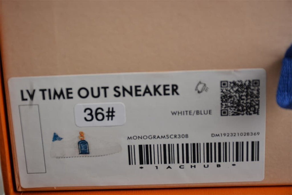 Box label reading LV Time Out Sneaker, size 36, white and blue