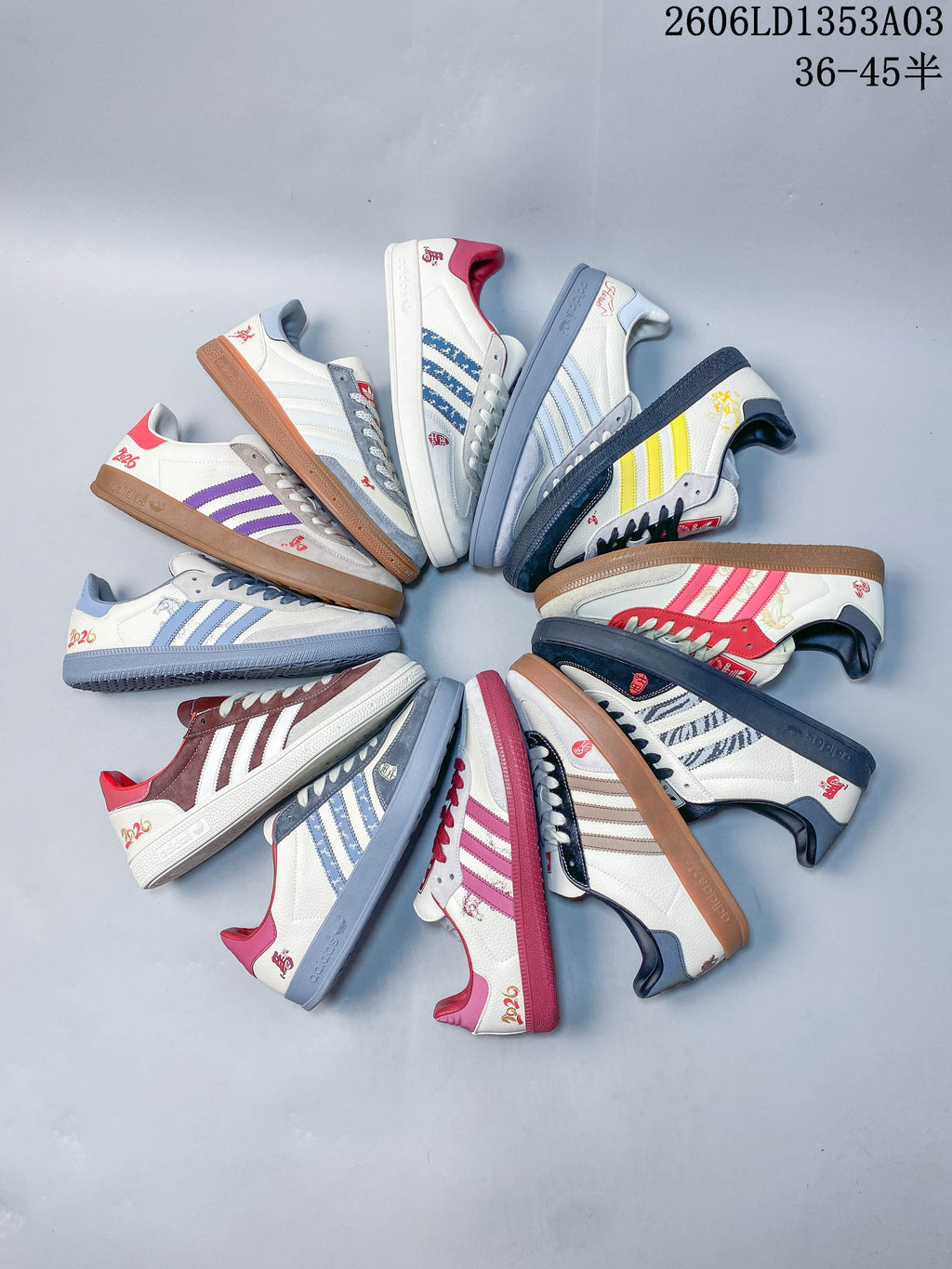 A group of horse-year themed Gazelle Indoor sneakers shown in multiple colorways.