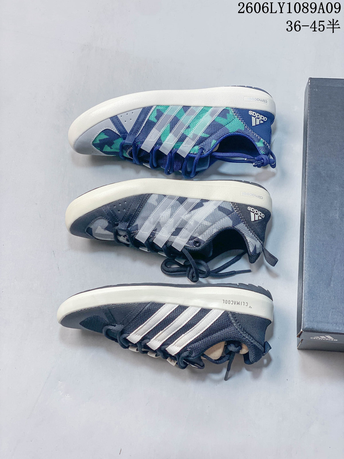 Three Adidas Climacool shoe colorways shown from the side, including navy and graphic-patterned options.