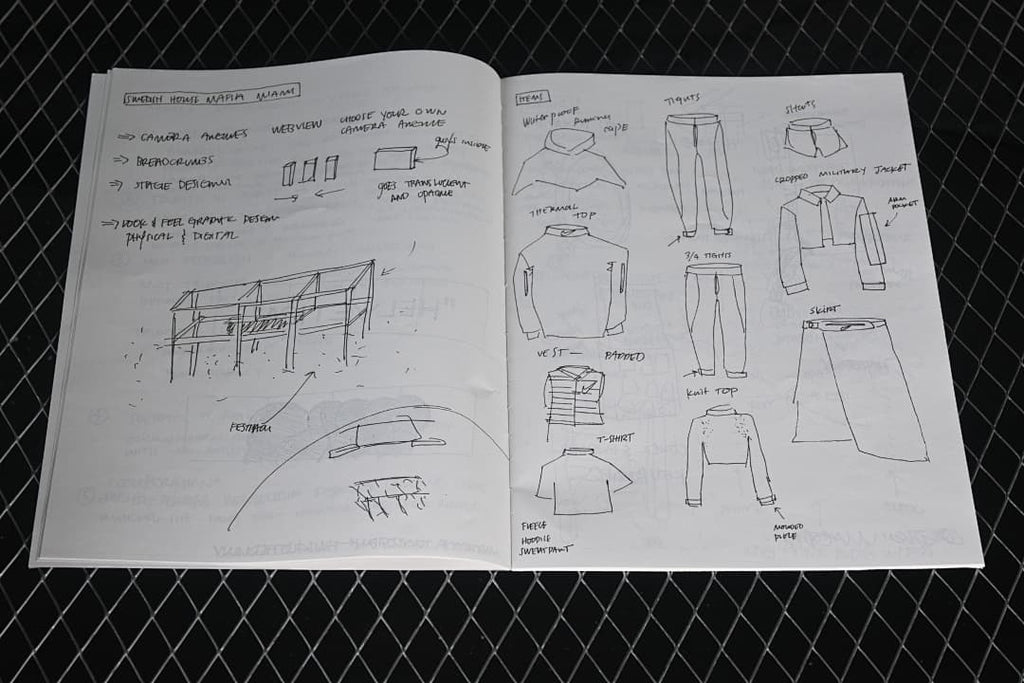 Open notebook with hand-drawn clothing and footwear design sketches