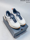 White DESCENTE LAVITATE TRAIL WIRE 3.0 shoes with navy and orange accents, shown from above on a box