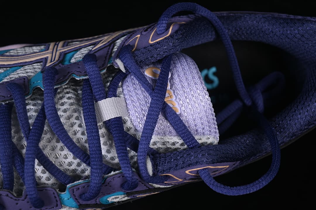 Top-down detail of the laces, tongue and mesh upper.