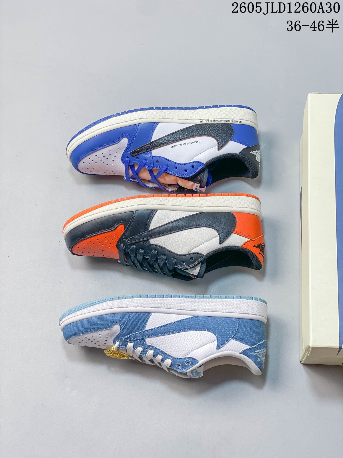 Three low-top sneaker colorways shown from above