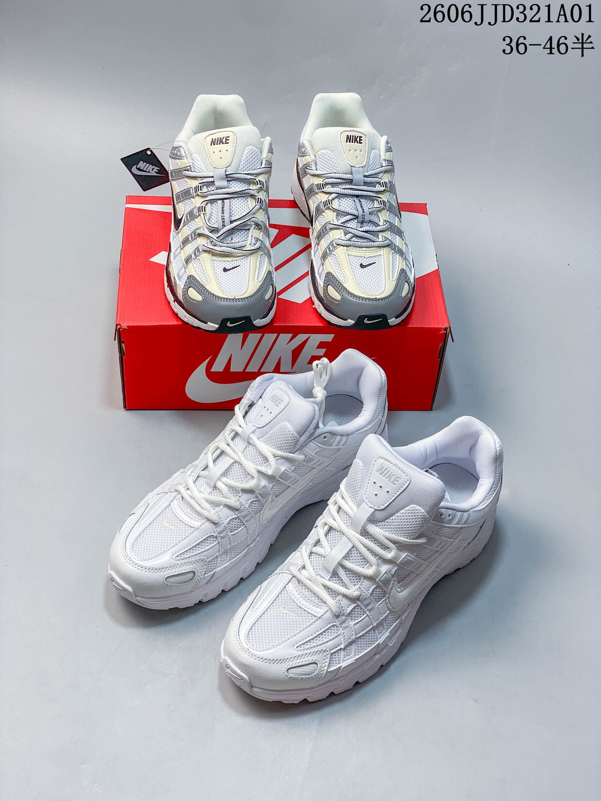Two Nike P-6000 colorways shown together: white and gray with pale yellow accents, and all white