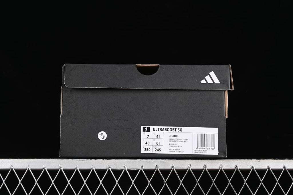 Black Adidas shoe box with a label identifying the Ultraboost 5X and model IH3108.