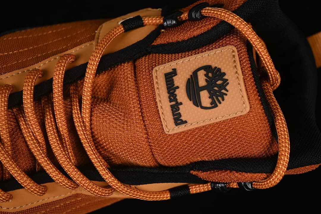 Close-up of the lace area and Timberland tongue patch