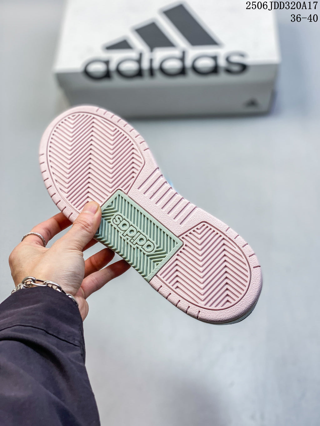 Close-up of the pink and green patterned outsole on an adidas Entrap sneaker.