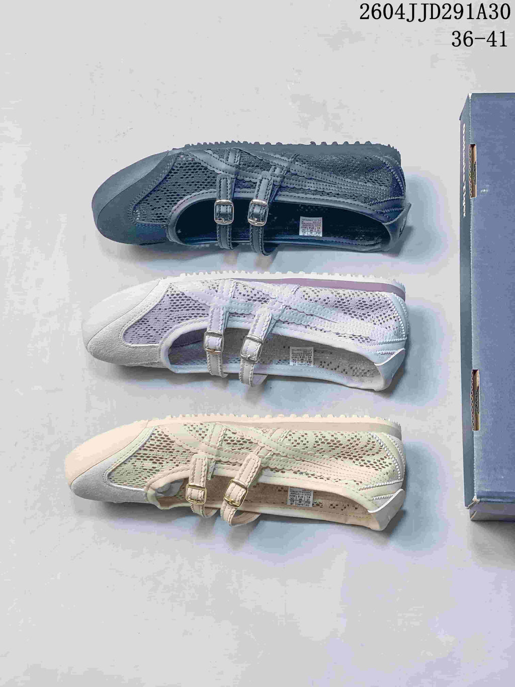 Three colorways of Mary Jane-style shoes shown from above