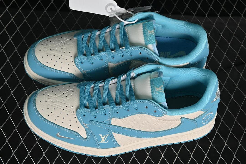 Pair of light blue and off-white low-top sneakers shown from above at an angle.