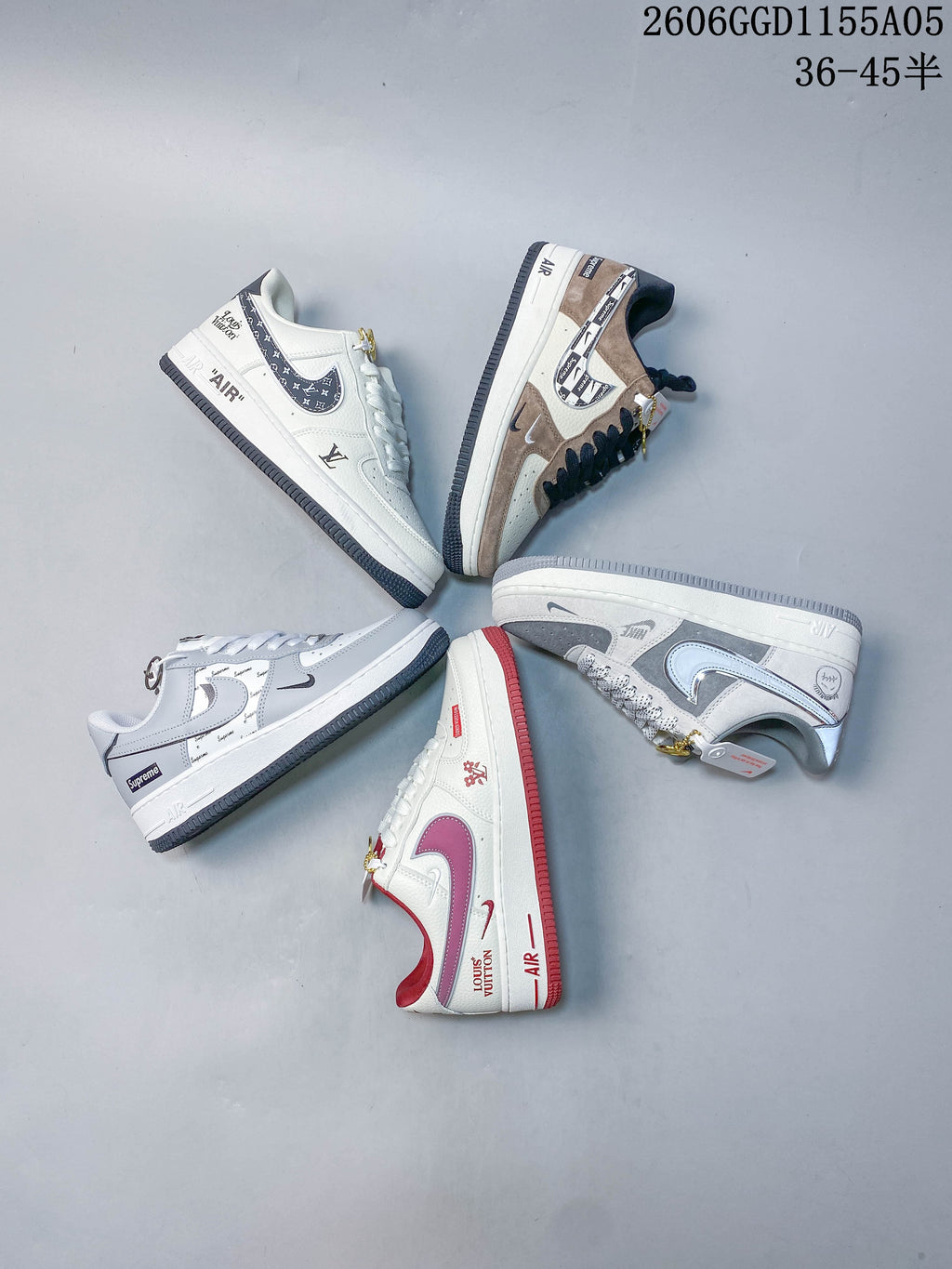 Five low-top sneakers arranged together, showing different colorways and printed side details