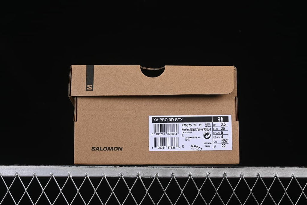 Salomon shoe box label identifying the XA Pro 3D GTX and Pewter/Black/Silver Cloud colorway, with EU 36 shown.