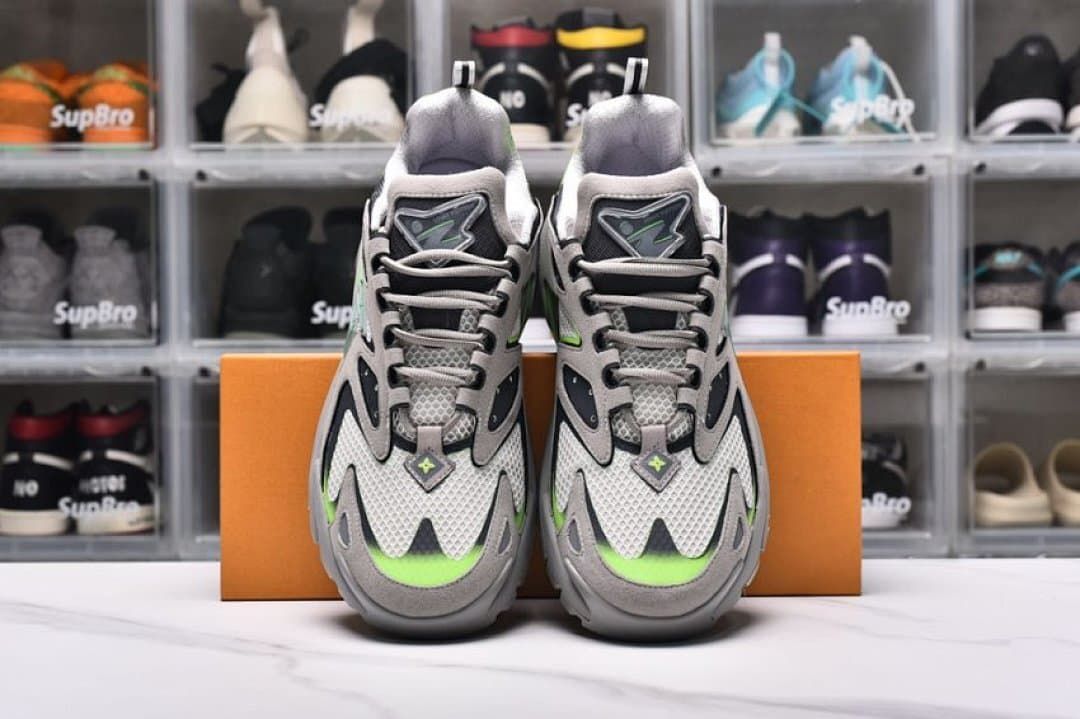 Front view of the pair showing the laces and layered toe design