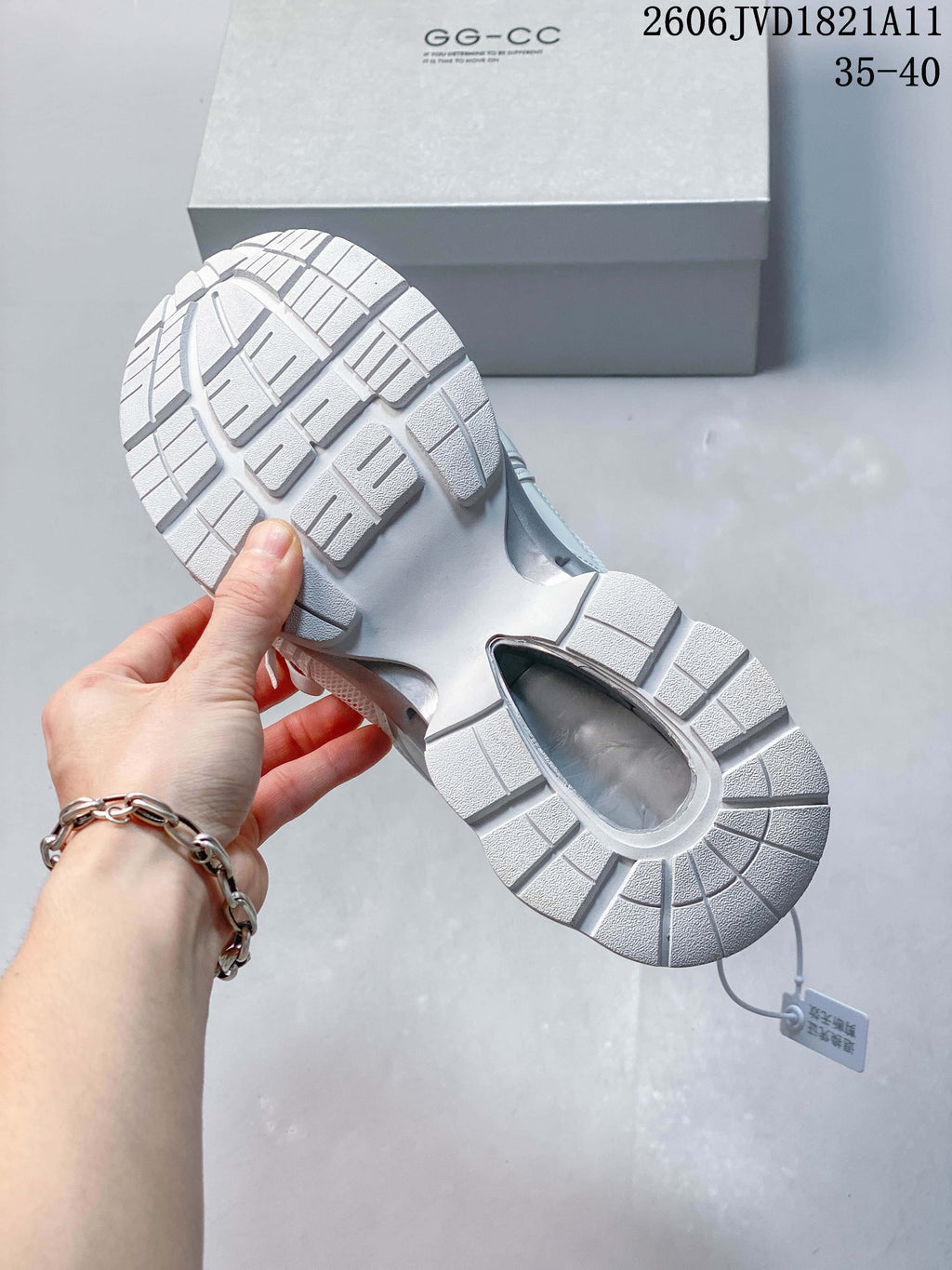 Underside view showing the sculpted tread of a white platform sneaker