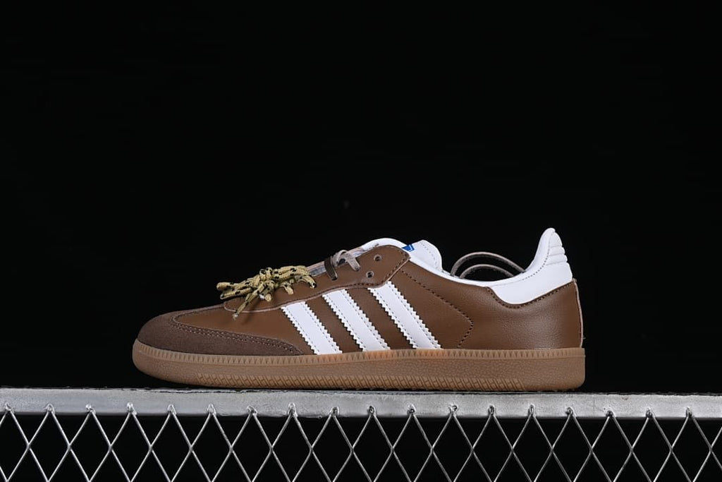 Side profile of the brown and white Samba OG sneaker.