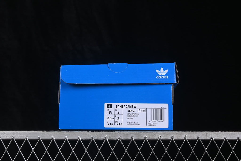 Blue adidas shoebox with a visible label identifying Samba Jane W, model KJ3969, size EU 35 2/3, US 4.5 and 21.5 cm.