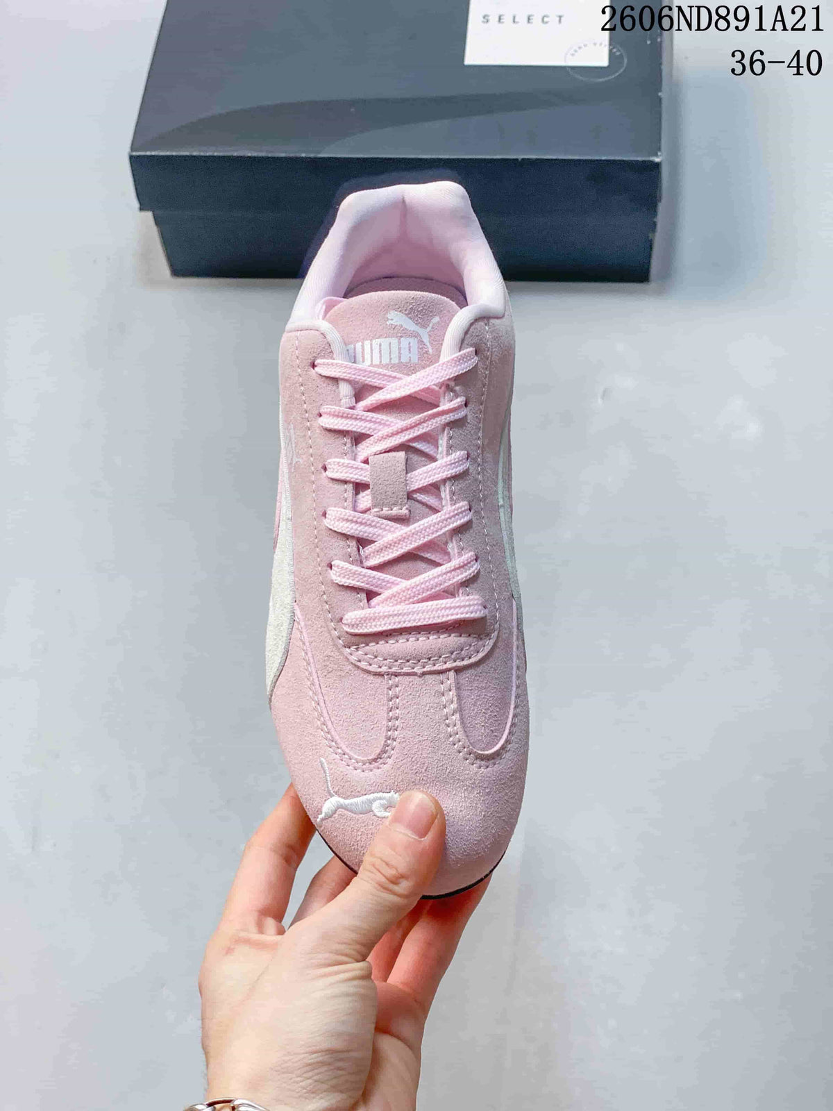 Top view of the pink Puma Speedcat OG lace-up sneaker