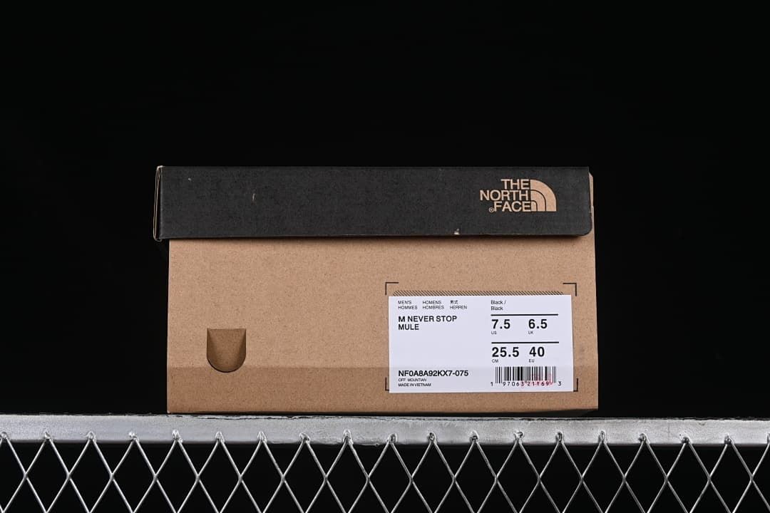 Shoe box label identifying M Never Stop Mule in black and showing sample size conversions