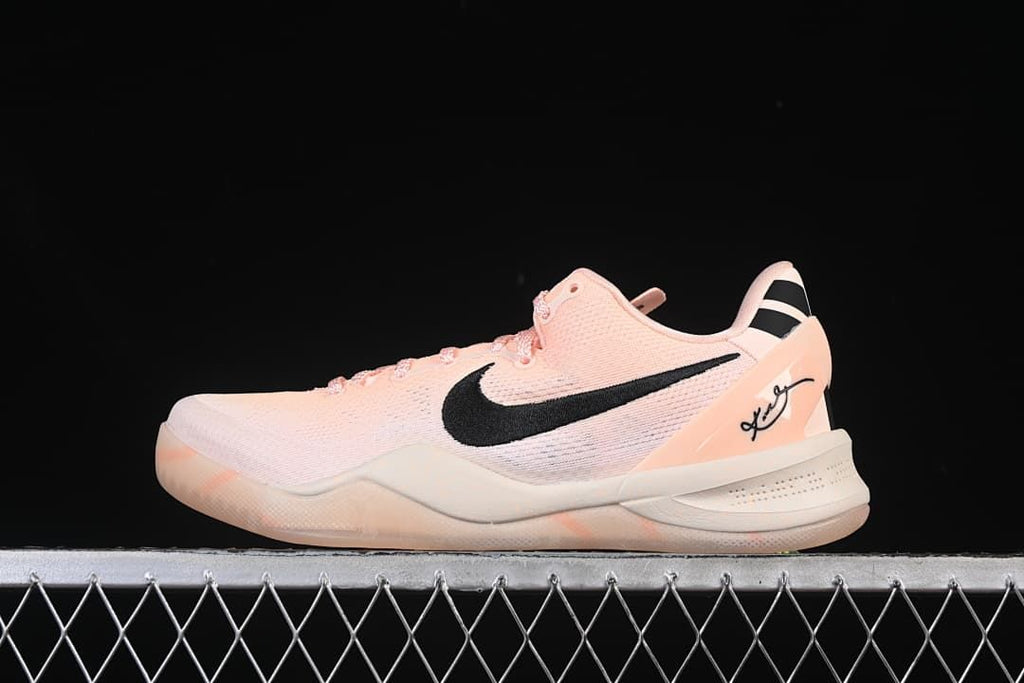 Side view of pink and black Nike Kobe 8 basketball shoes