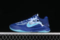 Side view of a deep blue basketball shoe with a skeletal graphic, aqua Swoosh, and aqua outsole