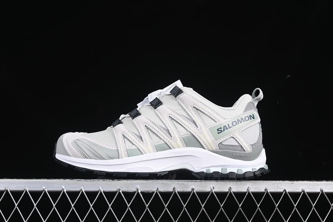 Side view of light white and grey Salomon XA Pro 3D trail-running shoe