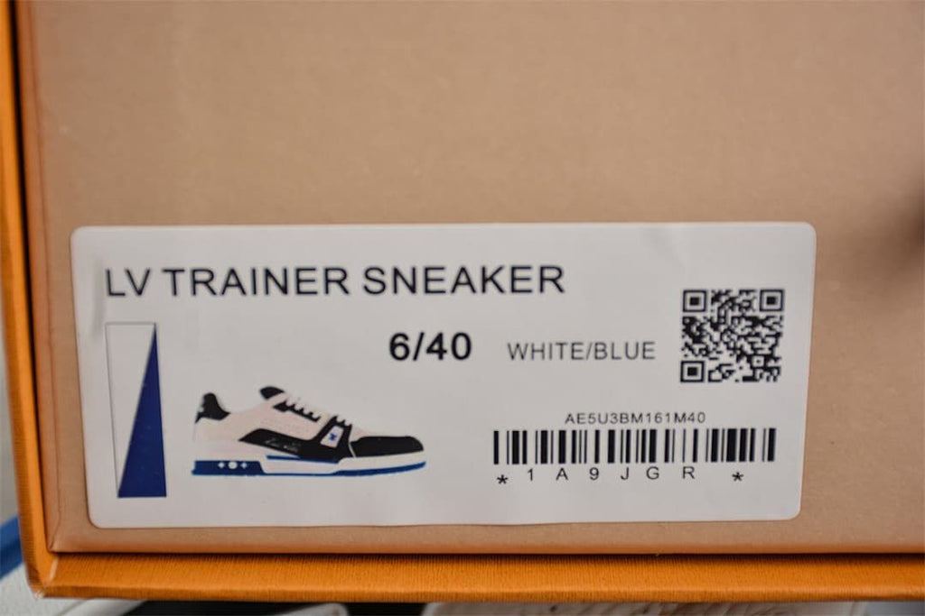 Shoe box label reading LV Trainer Sneaker, size 6/40, white/blue