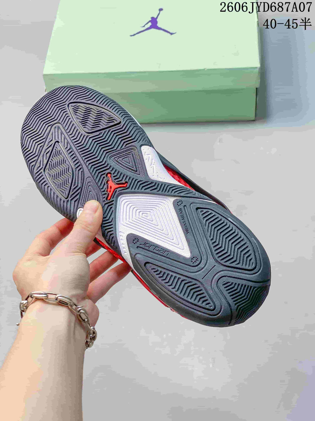 Close-up of the Jordan Heir PF shoe outsole with patterned tread